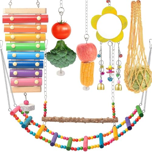 7 Pack Chicken Toys for Coop Accessories, Chicken Xylophone Toy, Chicken Mirror, Chicken Ladder Bridge, Coop Swing, Vegetable Hanging Chicken Feeder, Chewing Foraging Toys, Gifts for Hens