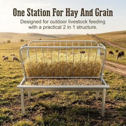 2-in-1 Livestock Hay Feeder, Galvanized Steel Goat and Sheep Feeding Station with 6" Deep Grain Pan, Heavy Duty Outdoor Pasture Hay Rack for Alfalfa and Grains, Reduces Waste