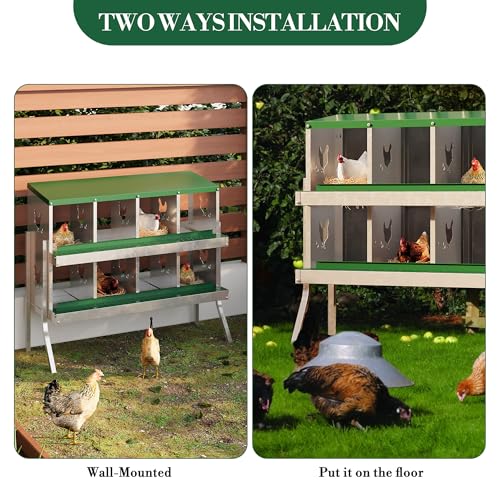 Chicken Nesting Box,8 Holes Galvanized Steel Metal Chicken Laying Box with Automatic Roll-Away Egg Collection System & Removable Tray,Wall Mount Nesting Boxes - color: Green, size: 8 Holes with Legs