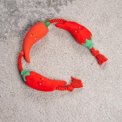 Fuzzl Tugga Chilis Dog Toy 75cm - Rope Latex and Plush Dog and Puppy Throw Fetch and Tug with Squeaker - style: Rope Chilis