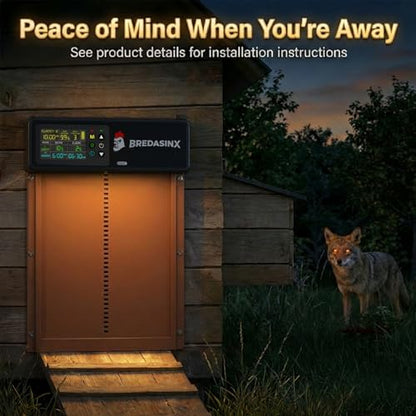 Automatic Chicken Coop Door Solar Powered with HD Screen, Timer & Light Sensor, 5 Modes, Aluminum Alloy, Remote Control Up to 70M - color: Brown