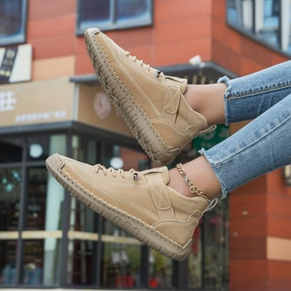 Womens Hand Stitching Leather Slip-On Ankle Boots with Adjustable Elastic Band Casual Lightweight Non-Slip Walking Loafers Retro High Top Flat Boat Shoes - color: Beige, size: 11 Wide