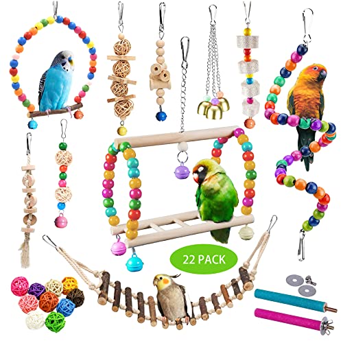 22 Packs Bird Parakeet Cockatiel Toys,Parrot Swing Chewing Hanging Toy with Safe Bells,Bird cage Colorful Climbing Standing Rope Natural Wood Ladder Bungee Toys