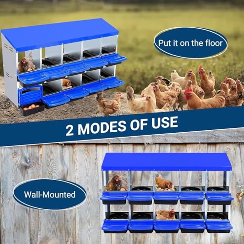 10 Hole Chicken Nesting Boxes - Nesting Boxes Chicken with Roll Away Design & Lid Cover,Easy Egg Collection, Hen Roosting Nest, Durable Poultry Laying Boxes for Hens - color: Blue, size: 10 Cells