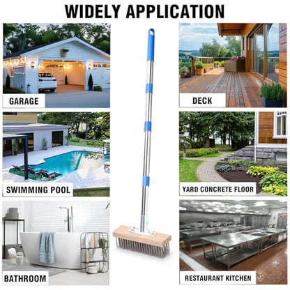 Stainless Steel Wire Scrub Brush with 63" Long Handle, 2PCS 12" Brush Heads, Heavy Duty Large Wire Brush, Stiff Metal Bristle Floor Scrubber, Patio Floor Cleaning, Wire Broom for Concrete, Deck, Moss - size: With 2PCS 12-inch brush head