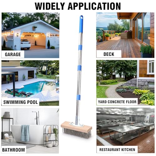 Stainless Steel Wire Scrub Brush with 63" Long Handle, 2PCS 12" Brush Heads, Heavy Duty Large Wire Brush, Stiff Metal Bristle Floor Scrubber, Patio Floor Cleaning, Wire Broom for Concrete, Deck, Moss - size: With 2PCS 12-inch brush head