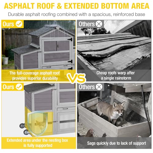 Aivituvin Large Chicken Coop with Wheels, Outdoor Hen House Mobile Poultry Cage with Run, Weatherproof Asphalt Roof, Sectionable Nesting Box, Leakproof Pull-Out Tray for 4-6 Chickens - Grey - size: 80.7"L x 22.0"W x 44.1"H