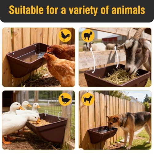 2 Pack Hanging Chicken Feeder Trough for Goat,Sheep,Dog.Livestock Feeding Container Goats Supplies Feeders Waterer Bucket (Brown) - color: Brown
