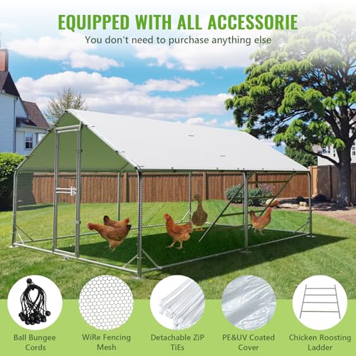 Large Metal Chicken Coop, 10x13x6.5ft Walk in Chicken Runs for Yard with Covers, Outdoor Chicken Pen with Roosting Perch and Split Door, Spire Roof Poultry Cage for Chicken, Duck