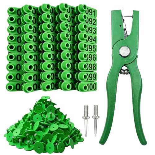 Cattle Ear Tags with Applicator, 100 Pack Numbered 001-100 Livestock Tagging Kit, Plastic Identification Tags for Cows, Calves, Sheep, Goats, Hogs, Complete Set with Tagger Tool