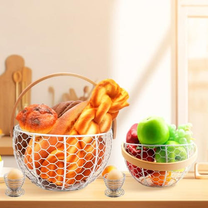 2PCS Wire Egg Baskets for Gathering Fresh Egg With Handle, Farmhouse Round Metal Egg Collecting Basket, Rustic Eggs Holder Basket for Kitchen Countertop (White)
