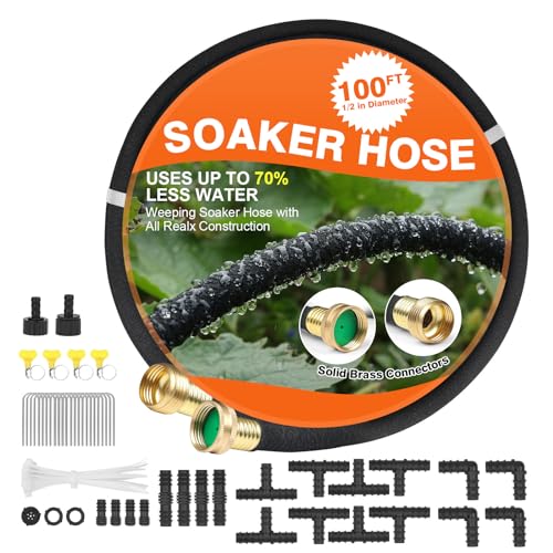 Soaker Hose 100 FT for Garden with 1/2" Diameter Irrigation Hose Save 70% of Water Solid Brass Interface Eminently Suitable for Lawn and Garden Bed Cover - size: Brass 100FT