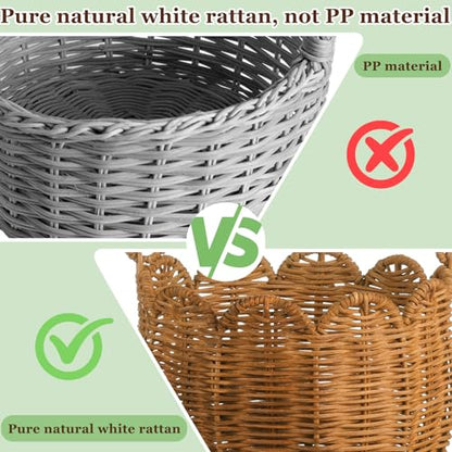 2 Pack Wicker Easter Basket, Scalloped Easter Baskets with Handle, Hand Woven Picnic Basket Rattan Storage Baskets for Egg Hunt Organizing Party Gifts Favors