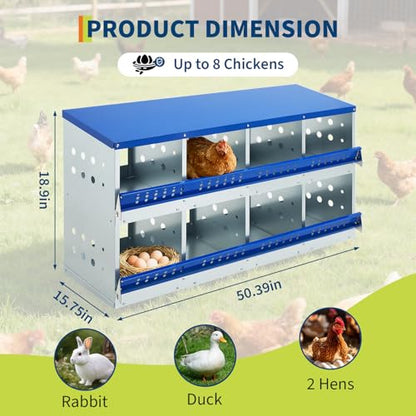 8 Compartments Galvanized Steel Chicken Nesting Boxes, Egg Laying Box with Automatic Rollout Egg Collection, Easy Clean & Quick Assembly Hen Nest Boxes for Backyard Poultry, Blue - color: Blue