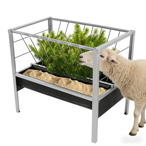 2-in-1 Livestock Feed Trough for Goats,Sheep,Sheds, 40''Large Capacity Hay and Grain Feeder, Heavy Duty Galvanized Steel, Anti-Tip Floor Standing Feeder for Farm Use