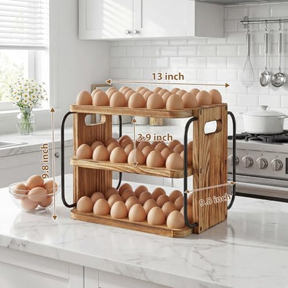Wood Egg Holder Countertop for Fresh Eggs, Fresh Egg Holder Countertop with Handle, 3 Layer, Stackable with 90 Eggs for Countertop to Store Chicken/Duck/Hand Painted/Easter Egg - color: Pine