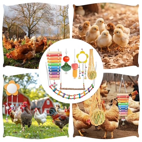 7Pack Chewing Foraging Toy for Chicken Coop Accessories Xylophone Swing Ladder Bridge Mirror Wooden Hanging Feeder Bell Toys Playing Training Toys for Budgerigar Parakeet Hens Birds Cockatiel Mynah