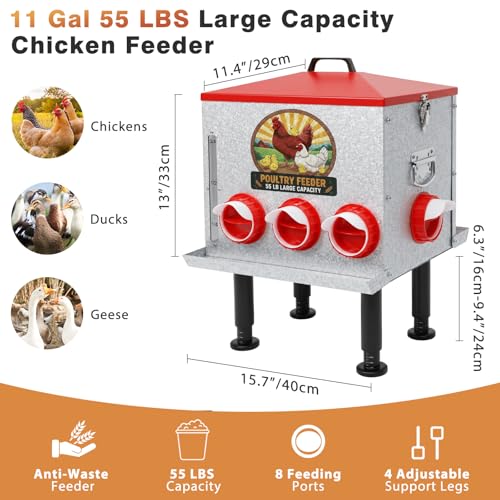 55LB Large Capacity Automatic Chicken Feeder with Window, 8 Feeding Ports Galvanized Steel No-Waste Raised Chicken Feeder with Lid & Height Adjustable Stand, Automatic Gravity Fed for Hens, Roosters