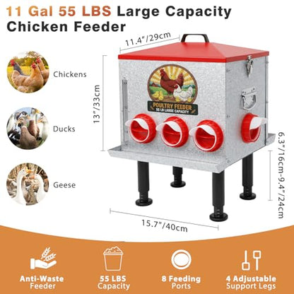 55LB Large Capacity Automatic Chicken Feeder with Window, 8 Feeding Ports Galvanized Steel No-Waste Raised Chicken Feeder with Lid & Height Adjustable Stand, Automatic Gravity Fed for Hens, Roosters