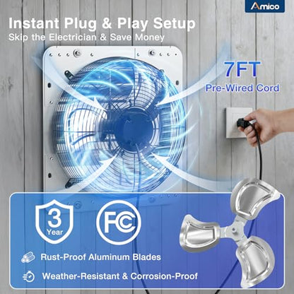 Amico 16 Inch Shutter Exhaust Fan with Remote, 60W Energy Efficient EC Motor, 2000 CFM Quiet Wall Mount Ventilation Fan for Garage, Greenhouse, Attic & Shed, 9-Speed Adjustable, 1-8H Timer, Plug In - size: 16 Inch