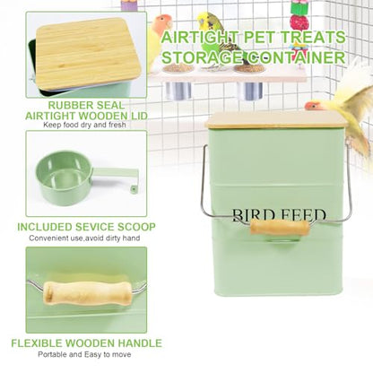 Metal Bird Seeds storage container,Outdoor Bird Container Canister, Pet Food Bin with Wooden Lid/Handle/Food scoop,hold 5-6 Lbs of Wild Bird Seed Sunflower Seed-Preventing Squirrels-Green