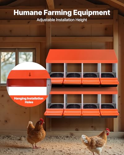 VEVOR Chicken Nesting Boxes, 4 Compartments, Metal Egg Laying Boxes with Protective Collection Lids, Roll Out Nesting Box, Easy to Assemble, Ideal for Hens, Ducks, Chickens, and Other Poultry, Orange - size: 41.7"L x 20.6"W x 18.7"H