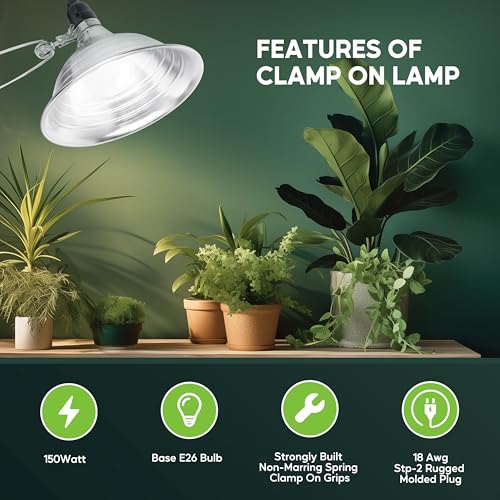 HealSmart 8.5" Clamp Light Socket, 150-Watt Maximum with 6 Feet 18/2 SPT-2 Cord, Aluminum Reflector E26 (no Bulb Included), for Reptiles and Plants Growing, 1-Pack - size: 8.5 Inch (150 Watts), style: 1-Pack