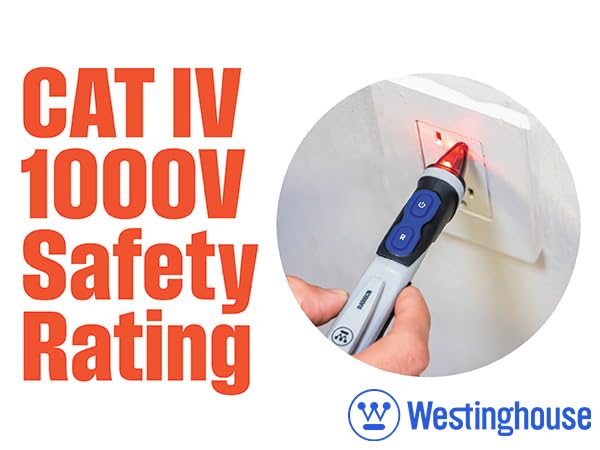 Westinghouse Dual Range Non-Contact Voltage Detector, 12V-1000V AC Pen, Flashlight and Worklight, IP67 Dust & Waterproof; Audible and Flashing Led Alarms, Pocket Clip, CAT IV Rating; 2-Year Warranty