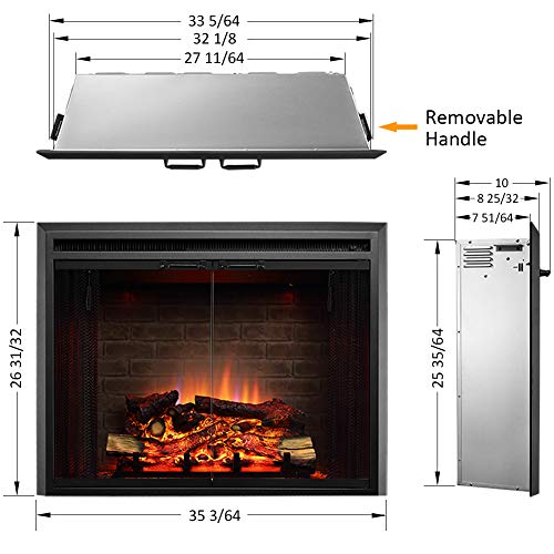 PuraFlame Klaus Electric Fireplace Insert with Fire Crackling Sound, Glass Door and Mesh Screen, 750/1500W, Black, 33 1/16 Inches Wide, 25 9/16 Inches High - size: 33" without Trim