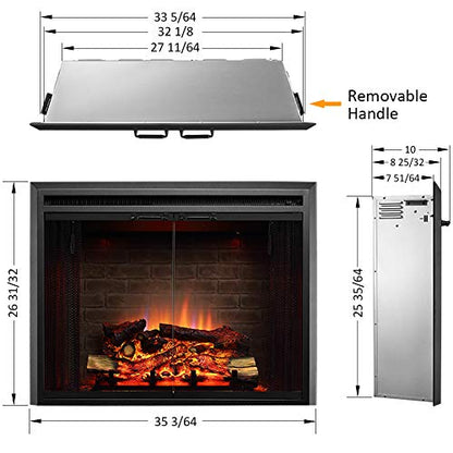 PuraFlame Klaus Electric Fireplace Insert with Fire Crackling Sound, Glass Door and Mesh Screen, 750/1500W, Black, 33 1/16 Inches Wide, 25 9/16 Inches High - size: 33" without Trim