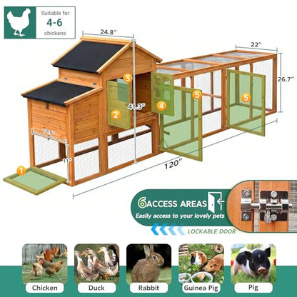 Large Chicken Coop for 4-6 Chickens with Attached Run, Predator Proof Hen House with Waterproof Asphalt Roof & Removable Cleaning Tray