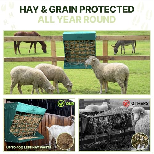 Wall Mount Hay Rack And Hay Feeder For Goats Sheep And Horses, Covered Galvanized Steel Goat Hay Feeder With Hinged Roof, 25 Gallon 2-In-1 No Waste Hanging Holder Grain Bin with hook For Cattle - color: Green