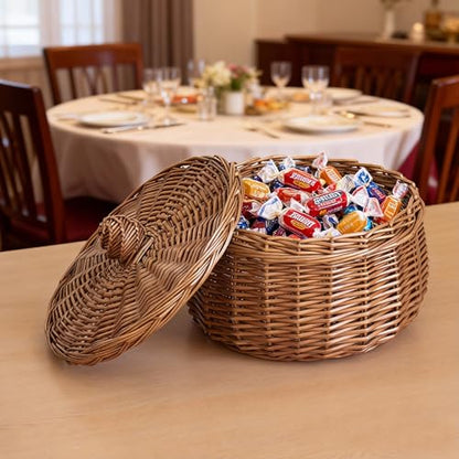 Handwoven Wicker Egg Basket with Lid, Round Farmhouse Rustic Collecting for Kitchen, Chicken Coop & Fruit