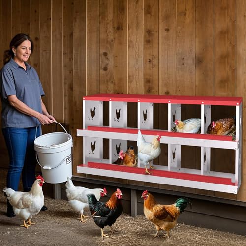 Heavy-Duty Galvanized Steel Chicken Nesting Box – 10 Large Vented Compartments, Rollout Egg Collection, Rustproof, Wall-Mount, Easy Clean – Red - color: Red, size: 10-Holes