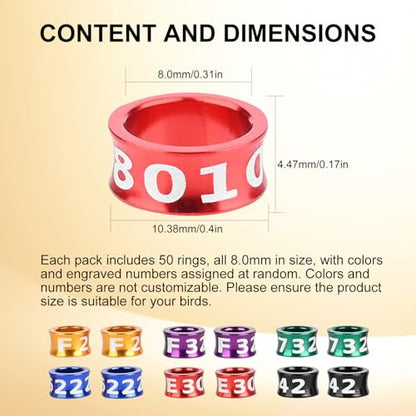 8.0mm Bird Leg Rings，Aluminum Identification Bands for Golden Sun, Monk, Keck, Moon Wheel, Miniature Vajra, 50 Packs with Bold Engravings - size: 8.0MM