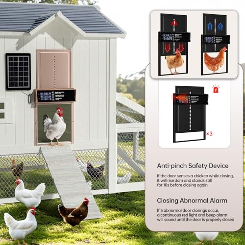 Solar Chicken Coop Door, Automatic Chicken Door Solar Powered & USB Charging, Automatic Chicken Door 4 Modes with Timer & Light Sensor, Anti-Pinch & Alert, Remote, LED Screen -Rose Gold