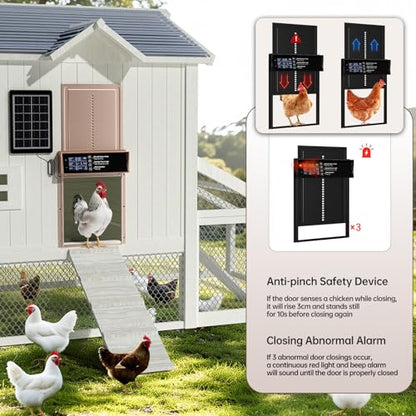 Solar Chicken Coop Door, Automatic Chicken Door Solar Powered & USB Charging, Automatic Chicken Door 4 Modes with Timer & Light Sensor, Anti-Pinch & Alert, Remote, LED Screen -Rose Gold