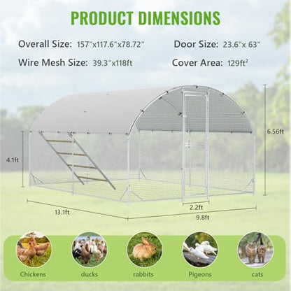 Large Metal Chicken Coop, Chicken Runs for Yard with Cover, Arch Roof Chicken Coop, Outdoor Chicken Pen, Heavy Duty Galvanized Steel Frame, Waterproof Cover, 10 x 13 x 6.5 FT - size: 10' x 13'