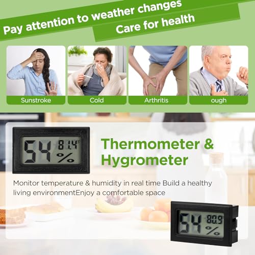 12 Pack Mini Hygrometer Digital Electronic Temperature Humidity Meters Gauge Indoor Thermometer Hygrometer LCD Display Fahrenheit (℉) for Guitar Case,Greenhouse, Garden, Cellar, Closet (Black) - color: Black