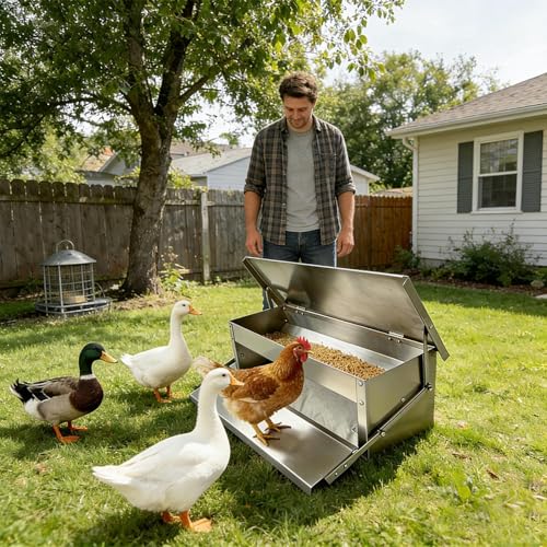 Automatic Chicken Feeder, with Weighted Bottom, 51x18x18cm, Metal Treadle Poultry Feeder, Poultry Food Dispenser, Treadle-Activated Feeding, for Backyard Coop Outdoor Farm Garden