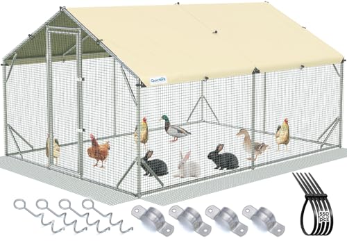 Quictent 12x9x6.6ft Metal Chicken Coop Run with Side Hardware Cloth, Elite Series Large Walk-in Outdoor Poultry Cage Heavy Duty Predator Proof Hen Duck Rabbit Farm Pen House, Waterproof Anti-UV Cover - color: Beige, size: 134.7"L x 108.3"W x 78.8"H