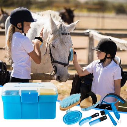Cunhill 9 Pieces Horse Grooming Kit with Organizer – Curry Comb, Hard & Soft Brushes, Hoof Pick, Sweat Scraper, Sponge – Grooming Supplies for Horses, Riders & Beginners