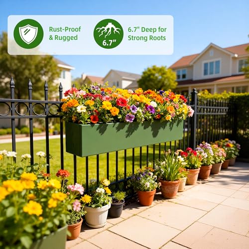 2 Pack Metal Railing Planter Box, 30 Inch Balcony Planters with Adjustable Brackets, Large Hanging Planters for Outdoor Fence Deck - color: Green 2pcs