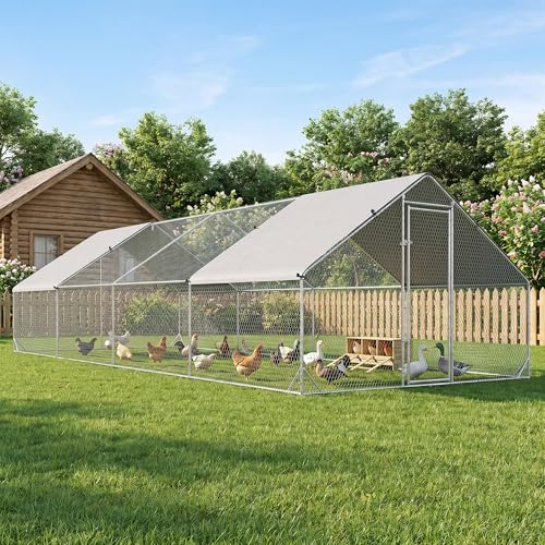 PawHut Large Chicken Coop Metal Chicken Run with Waterproof and Anti-UV Cover, Spire Shaped Walk in Fence Cage Hen House for Outdoor and Yard Farm Use, 1" Tube Diameter, 9.8' x 26.2' x 6.6' - size: 9.8' x 26.2' x 6.6'