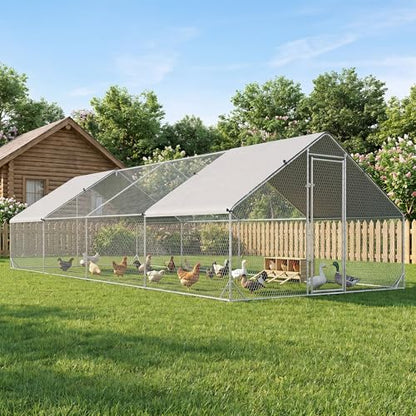 PawHut Large Chicken Coop Metal Chicken Run with Waterproof and Anti-UV Cover, Spire Shaped Walk in Fence Cage Hen House for Outdoor and Yard Farm Use, 1" Tube Diameter, 9.8' x 26.2' x 6.6' - size: 9.8' x 26.2' x 6.6'