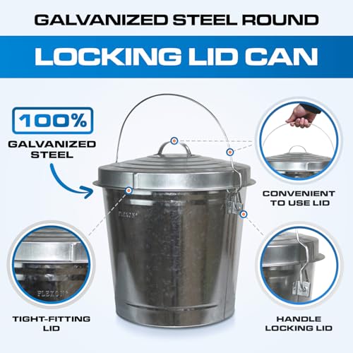 Plexon 10 Gallon Trash Can with Lid Outdoor Galvanized Metal Bucket with Locking Lid for Poultry Feed Bird Seed Storage Ash Garbage Trash Bin - size: 10-Gallon