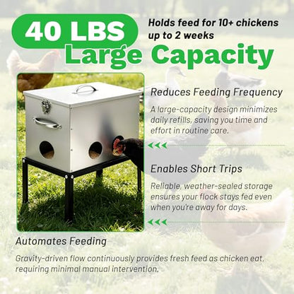 40lb Automatic Chicken Feeder, 6-Port Large Capacity Metal Poultry Feeder, Galvanized Steel Chicken Feeder for Hen Coop