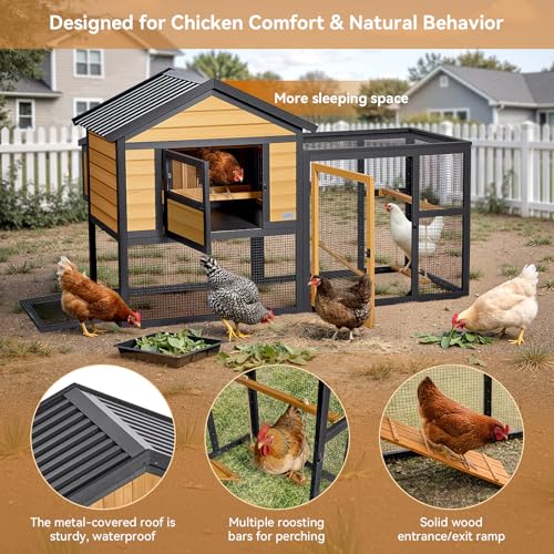 PETSFIT Wooden Chicken Coop with 71" Run for 4-6 Chickens, Predator-Proof Backyard Hen House with 6 Ground Anchors, 3 Nesting Boxes, 3 Perches & Chicken Swing, Waterproof PVC Roof, 3-Door Easy Clean