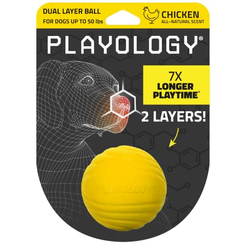 Playology Dog Toys | Dual Layer Ball Durable Chew Toy for Tough Chewers | Chicken Scented Medium Dog Toy | Chew Toys for Dogs - size: Medium, style: Chicken