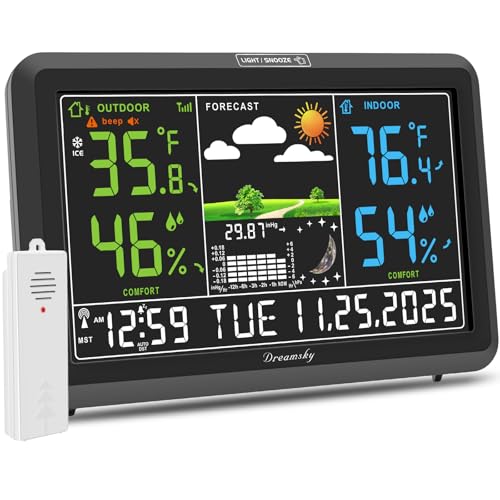 DreamSky Weather Station Indoor Outdoor Thermometer Wireless with Digital Atomic Clock for Home, Large Display with Dimmer, USB Port, Inside Outside Temperature Humidity Monitor (Plug-in) - color: Black with 1 sensor